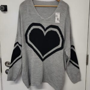 NEW Ladies Grey with Black Heart Jumper One Size Fits 20 22