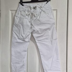 NEW Ladies White Stretchy Crinkle Magic Trousers One Size Fits 10 12 14 16 Size 1