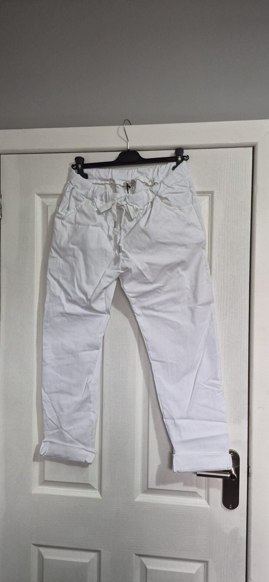 NEW Ladies White Stretchy Crinkle Magic Trousers One Size Fits 10 12 14 16 Size 1