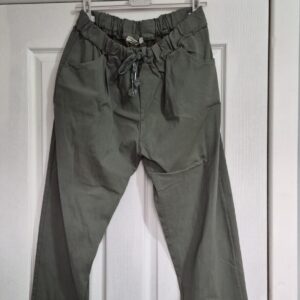 NEW Ladies Khaki Stretchy Crinkle Magic Trousers One Size Fits 18 20 22 Size 2