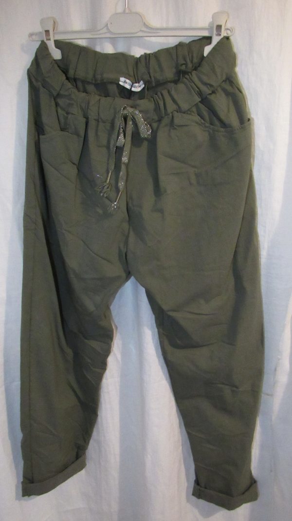 NEW Ladies Olive Green Stretchy Crinkle Magic Trousers One Size Fits 18 20 22 Size 2 - Image 2