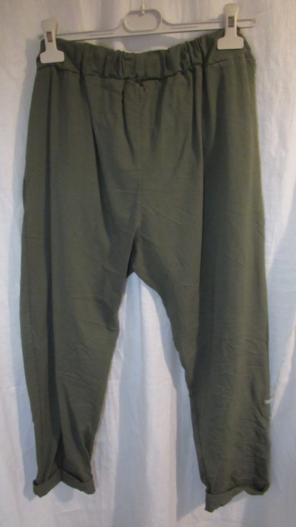 NEW Ladies Olive Green Stretchy Crinkle Magic Trousers One Size Fits 18 20 22 Size 2 - Image 5