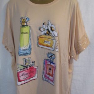 New Ladies Womens Beige Perfume Bottle Print Casual T-shirt Top One size fits sizes 18 20 22