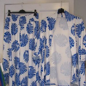 New Ladies White with Royal Blue Leaf Print Palazzo Wide Leg Trousers and Jacket One size fits sizes 18 20 22 24