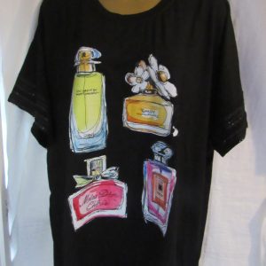 New Ladies Womens Black Perfume Bottle Print Casual T-shirt Top One size fits sizes 18 20 22