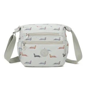 NEW Light Grey Sausage Dogs Print Shoulder Strap Cross Body Zip Bag