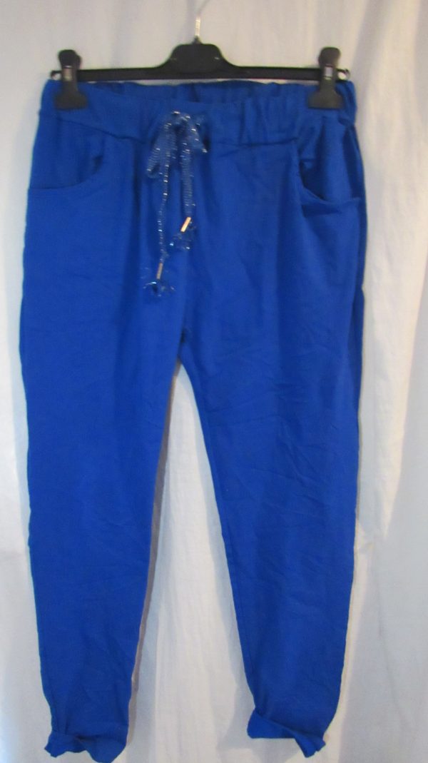 NEW Ladies Royal Blue Stretchy Crinkle Magic Trousers One Size Fits 10 12 14 16 18 Size 1