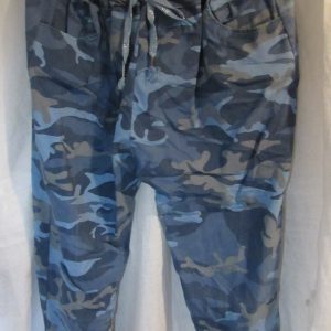 NEW Ladies Denim Blue CAMO Stretchy Crinkle Magic Trousers One Size Fits 18 20 22 Size 2
