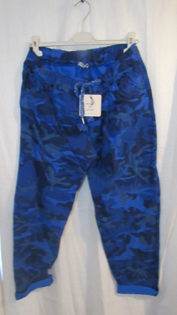 NEW Ladies Royal Blue CAMO Stretchy Crinkle Magic Trousers One Size Fits 18 20 22 Size 2