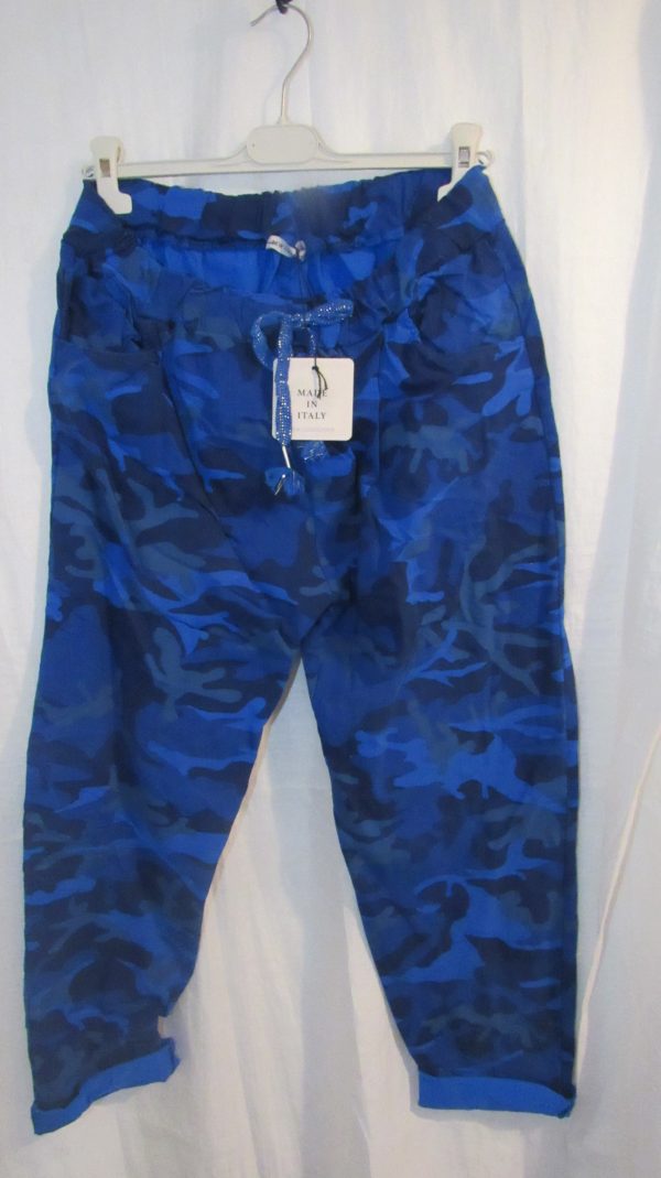 NEW Ladies Royal Blue CAMO Stretchy Crinkle Magic Trousers One Size Fits 18 20 22 Size 2 - Image 2