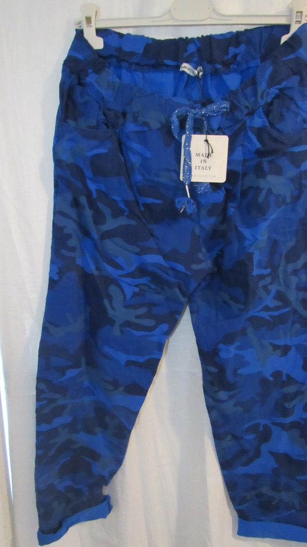 NEW Ladies Royal Blue CAMO Stretchy Crinkle Magic Trousers One Size Fits 18 20 22 Size 2 - Image 3