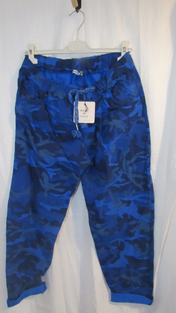 NEW Ladies Royal Blue CAMO Stretchy Crinkle Magic Trousers One Size Fits 18 20 22 Size 2 - Image 4