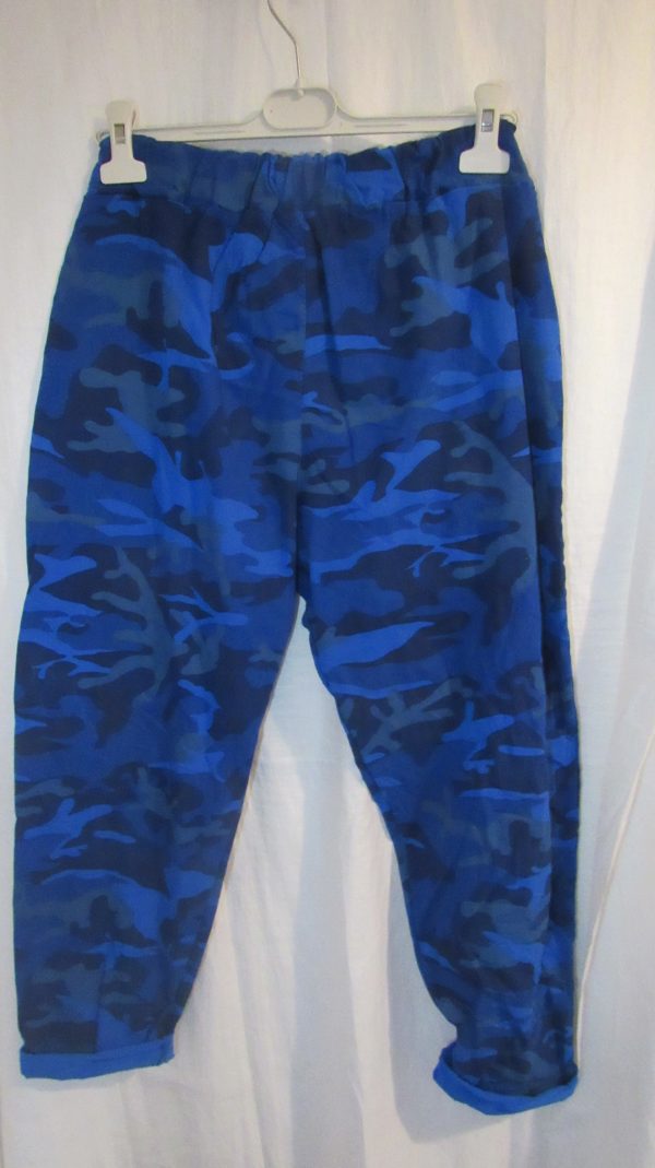 NEW Ladies Royal Blue CAMO Stretchy Crinkle Magic Trousers One Size Fits 18 20 22 Size 2 - Image 5