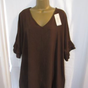 NEW Ladies Brown V Neck Frill Sleeve Tunic Top One Size Fits Sizes 18 20 22