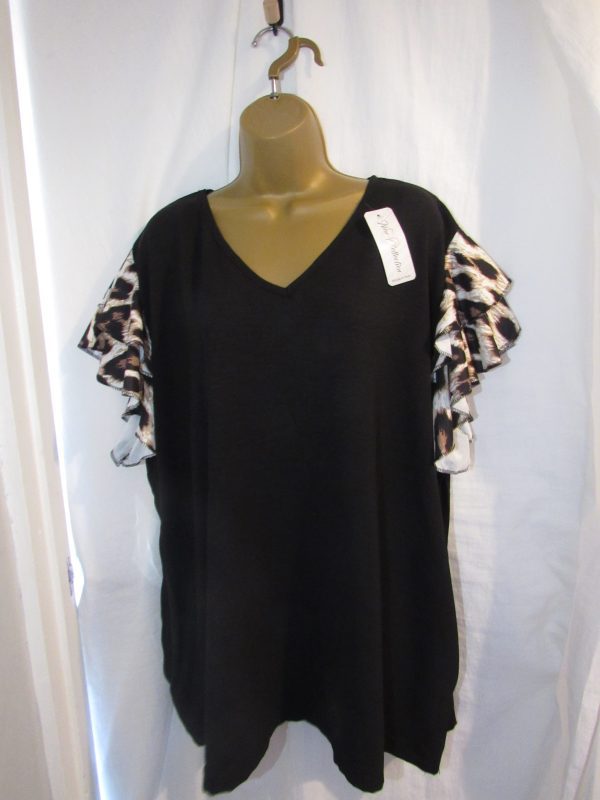 NEW Ladies Black V Neck Animal Print Frill Sleeve Tunic Top One Size Fits Sizes 18 20 22