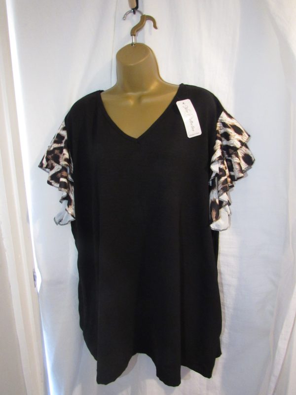 NEW Ladies Black V Neck Animal Print Frill Sleeve Tunic Top One Size Fits Sizes 18 20 22 - Image 2