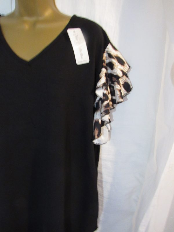 NEW Ladies Black V Neck Animal Print Frill Sleeve Tunic Top One Size Fits Sizes 18 20 22 - Image 3