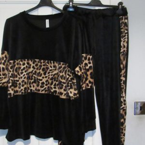 NEW Ladies Black with Animal Print Trim Velvet feel suit One Size fits sizes 16 18 20 22