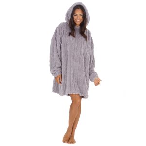 NEW Ladies Grey Cable Knit Soft Warm Hoody Poncho One Size