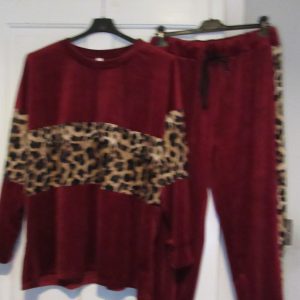 NEW Ladies Burgundy with Animal Print Trim Velvet feel suit One Size fits sizes 16 18 20 22