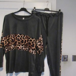 NEW Ladies Grey with Animal Print Trim Velvet feel suit One Size fits sizes 16 18 20 22