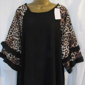 New Ladies Black Animal Print Frill Sleeve Top One Size fits sizes 18 20 22
