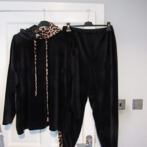 NEW Ladies Black with Animal Print Trim Hooded Velvet feel suit One Size fits sizes 16 18 20 22