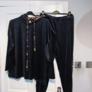 NEW Ladies Navy Blue with Animal Print Trim Hooded Velvet feel suit One Size fits sizes 16 18 20 22