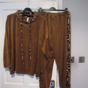 NEW Ladies Tan with Animal Print Trim Hooded Velvet feel suit One Size fits sizes 16 18 20 22