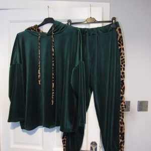 NEW Ladies Green with Animal Print Trim Hooded Velvet feel suit One Size fits sizes 16 18 20 22