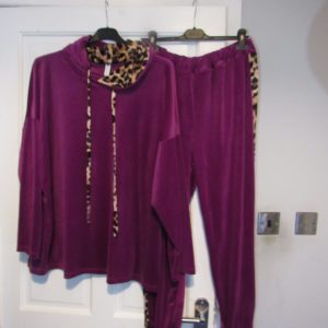 NEW Ladies Magenta with Animal Print Trim Hooded Velvet feel suit One Size fits sizes 16 18 20 22