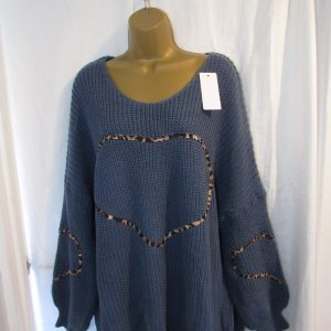 NEW Ladies V Neck Denim Blue Heart Jumper One Size fits sizes 18 20 22