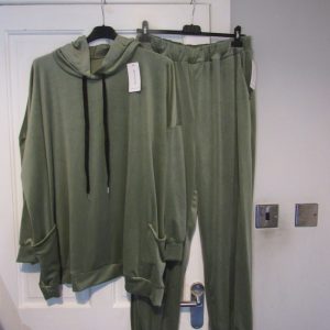 NEW Ladies Olive Green Hooded Velvet feel suit One Size fits sizes 18 20 22 24
