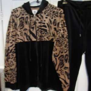 NEW Ladies Black with Animal Print Trim Zip Up Top Velvet feel suit One Size fits sizes 18 20 22
