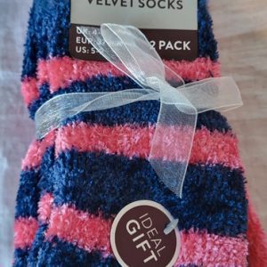 CERISE AND BLUE – Ladies 2pk Stripe Chenille Velvet Socks by Foxbury 2 Pair Pack