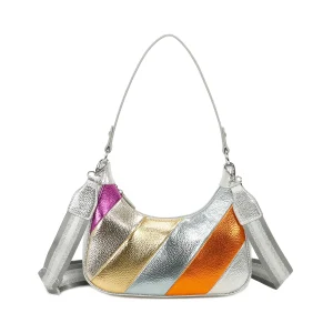 New Ladies Silver Metallic Stripes Bag