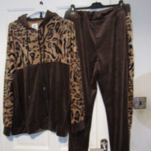 NEW Ladies Brown with Animal Print Trim Zip Up Top Velvet feel suit One Size fits sizes 18 20 22