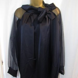 NEW Ladies Women Navy Blue Bow Mesh Sleeve Silky Blouse Shirt One size fits 14 16 18 20