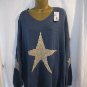 NEW Ladies Denim Blue Beige Star Jumper One Size Fits 18 20 22