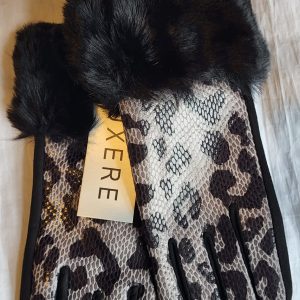 New Ladies Black with Grey Leopard Print Fur Trim Gloves