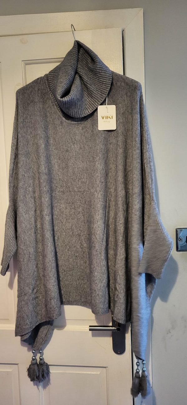 NEW Grey Cowl Neck Tassel Soft Poncho Jumper One size fits sizes 18 20 22 24 26 28