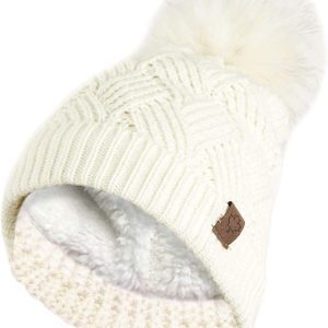 Cream LADIES ROCKJOCK WARM CHUNKY DIAMOND CABLE KNIT HAT WITH COSY LINER AND DETACHABLE FAUX FUR POMPOM