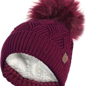 Burgundy LADIES ROCKJOCK WARM CHUNKY DIAMOND CABLE KNIT HAT WITH COSY LINER AND DETACHABLE FAUX FUR POMPOM