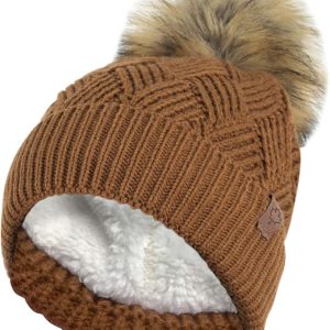 Chestnut LADIES ROCKJOCK WARM CHUNKY DIAMOND CABLE KNIT HAT WITH COSY LINER AND DETACHABLE FAUX FUR POMPOM