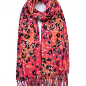 New Ladies Coral Cerise Tassel Hem Leopard Print Scarf