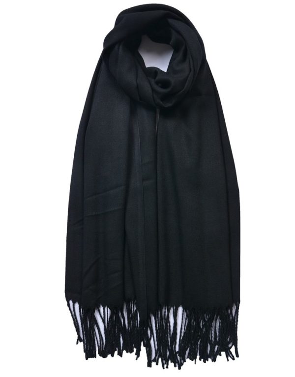 New Ladies Black Plain Tassel Scarf