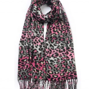 New Ladies Pink Grey Tassel Hem Leopard Winter Scarf