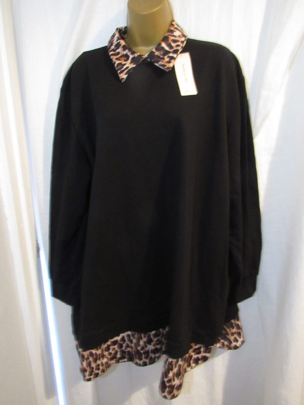 New Ladies Black Pocket edged with Brown Leopard Print Top One Size fits sizes 18 20 22 24