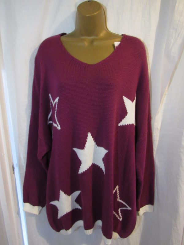 NEW Ladies Purple Edged with White Stars Jumper One Size Fits 18 20 22