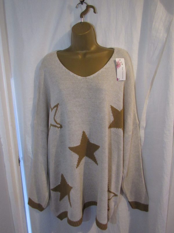 NEW Ladies Beige Edged with Mocha Stars Jumper One Size Fits 18 20 22